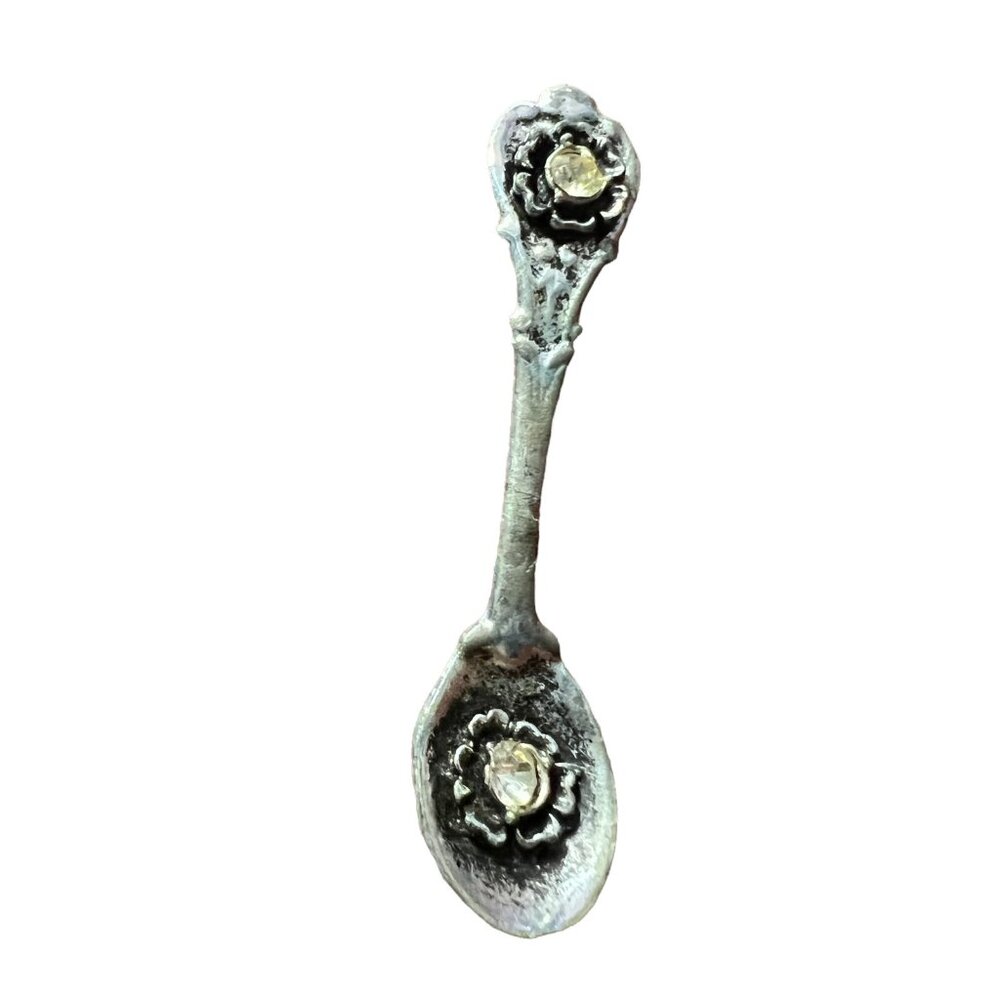 Spoon Brooch Vintage Silver Tone‎ Rhinestone Flower Brooch Pin